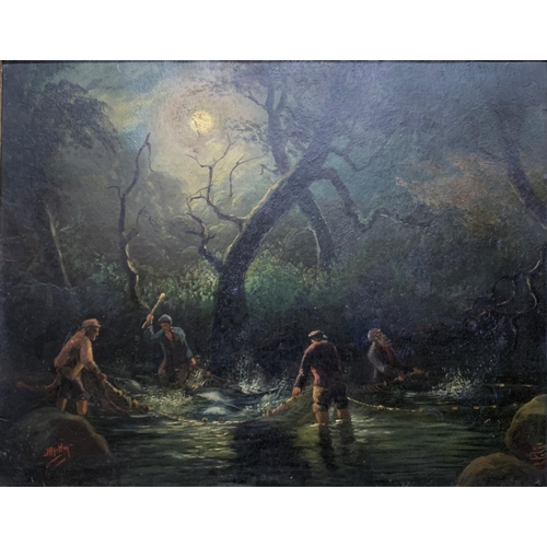 1538 - 19th century Scottish school - Salmon poaching at night by moonlight, indistinctly signed, 45 x 59cm... 