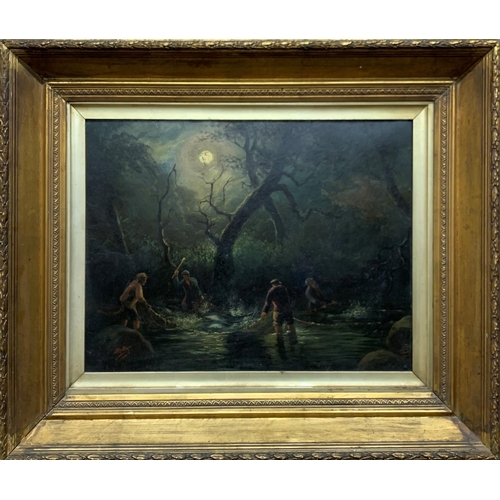 1538 - 19th century Scottish school - Salmon poaching at night by moonlight, indistinctly signed, 45 x 59cm... 