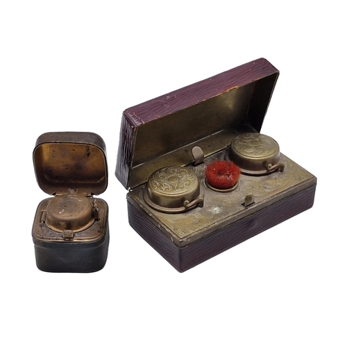 255 - Victorian leather bound double travel inkwell with pen brush to include an additional single inkwell... 