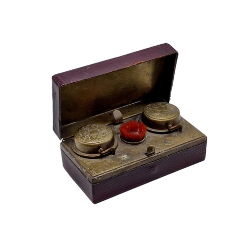 255 - Victorian leather bound double travel inkwell with pen brush to include an additional single inkwell... 