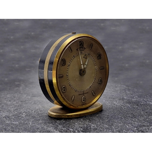 257 - Vintage Jaeger Le-Coultre travel alarm, lacquered brass case, 5cm diameter