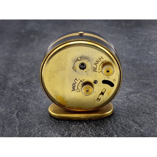 257 - Vintage Jaeger Le-Coultre travel alarm, lacquered brass case, 5cm diameter