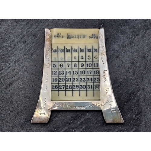 171 - Good mixed silver - easel calendar with sheets, bookmark, mother of pearl fruit knife, engine turned... 