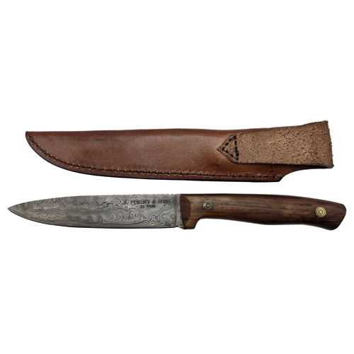 264 - Damascus knife inscribed 'J. Purdey & Sons' held in brown leather sheath