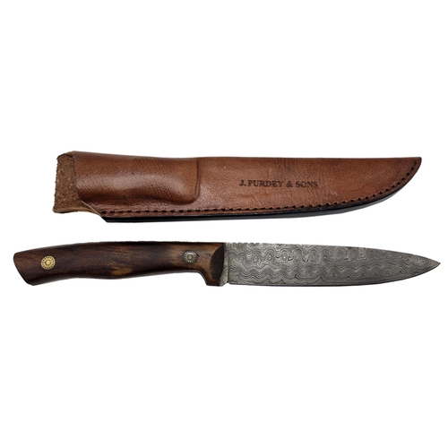 264 - Damascus knife inscribed 'J. Purdey & Sons' held in brown leather sheath