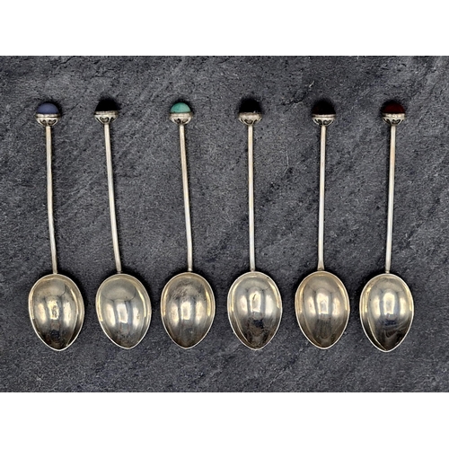 212 - Liberty of London - case set of six silver teaspoons with gem set knops, amethyst, moonstone, carnel... 