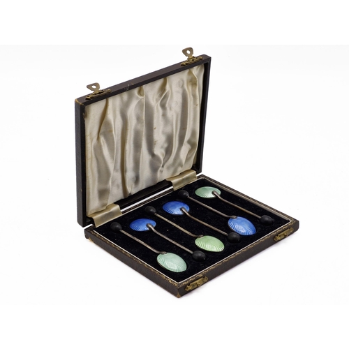 214 - Cased set of six enamel coffee bean spoons, maker Henry Clifford Davis, Birmingham 1950, 2oz approx