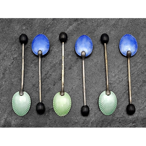 214 - Cased set of six enamel coffee bean spoons, maker Henry Clifford Davis, Birmingham 1950, 2oz approx