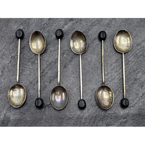 214 - Cased set of six enamel coffee bean spoons, maker Henry Clifford Davis, Birmingham 1950, 2oz approx