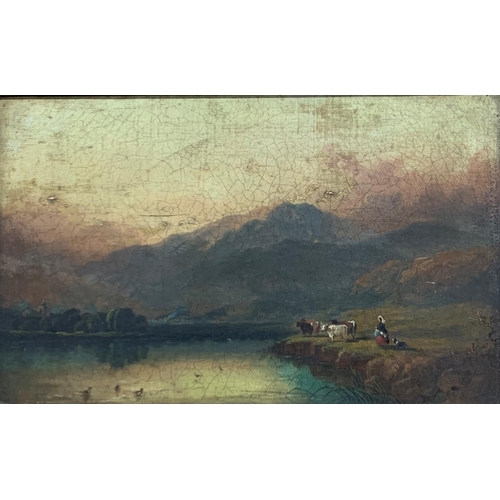 1541 - 19th century school - lakeside highland landscape with cattle, maid and collie, unsigned, oil on can... 