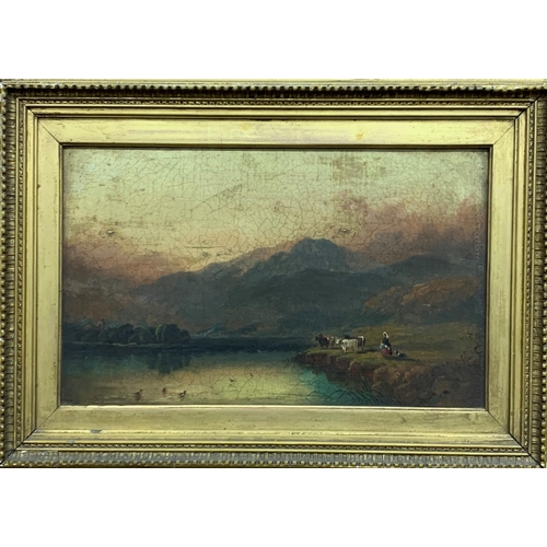 1541 - 19th century school - lakeside highland landscape with cattle, maid and collie, unsigned, oil on can... 