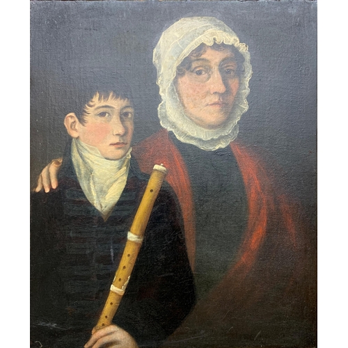 1545 - 19th century American Folk Art - Naïve portrait of mother and son holding a woodwind instrument, oil... 