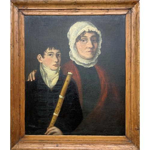 1545 - 19th century American Folk Art - Naïve portrait of mother and son holding a woodwind instrument, oil... 