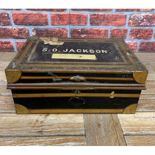 520 - Antique toleware campaign deed box having internal letter to lid, 43cm x 30cm x 19cm