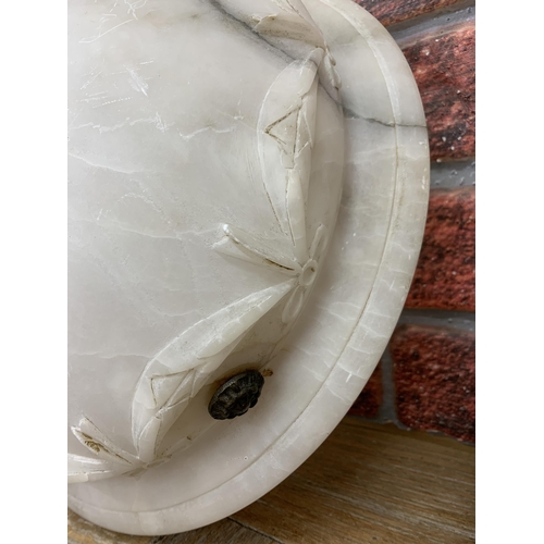 1409 - Early 20th century alabaster fly catcher shade with carved swag and ribbon design together with a fu... 