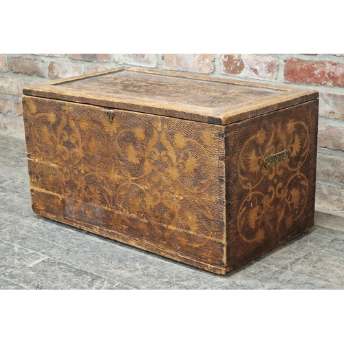 1246 - Antique folk art seaweed marquetry carved poker work box with hinged lid, H 39cm x W 71cm x D 41cm