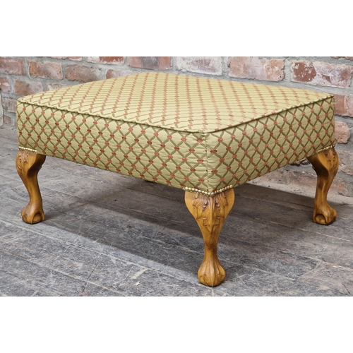 1250 - Contemporary upholstered footstool by Whitehead designs with studded edging, raised on carved claw a... 