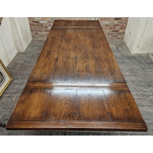 1254 - Good quality contemporary oak Georgian style refectory table with two end leaves, H 77cm x W 214cm x... 