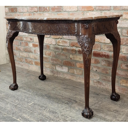 1258 - 19th century Irish mahogany serpentine console table with carved detail and marble top, raised on cl... 