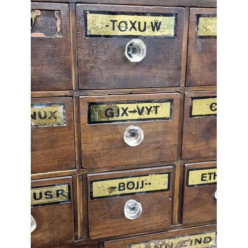 1269 - Exceptional quality Victorian apothecary bank of drawers, fitted with an arrangement of thirty four ... 