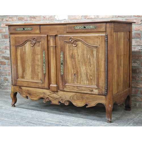 1273 - 18th century French fruitwood sideboard with two drawers above two cupboard doors, H 109.5cm x W 154... 