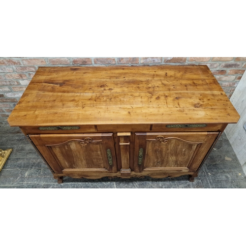 1273 - 18th century French fruitwood sideboard with two drawers above two cupboard doors, H 109.5cm x W 154... 