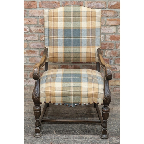 1277 - 20th century French oak upholstered armchair with scrolled arms, raised on turned forelegs, H 107.5c... 