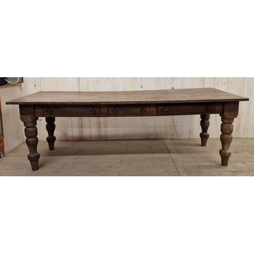 1278 - 19th century substantial oak farmhouse kitchen table with three drawers, raised on turned baluster s... 