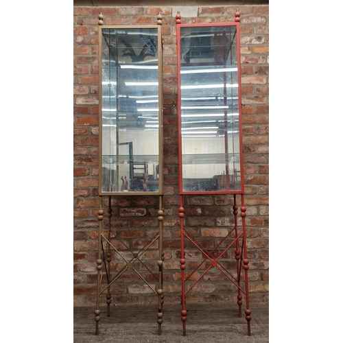 1279 - Matched pair of contemporary metal and glass display cabinets with shelved interior, H 216cm x W 44c... 