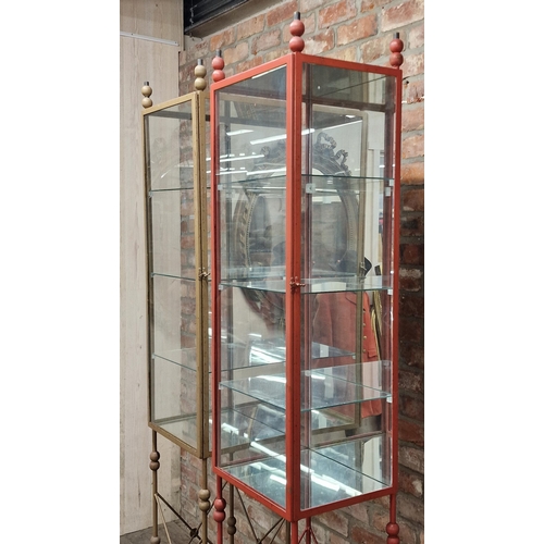 1279 - Matched pair of contemporary metal and glass display cabinets with shelved interior, H 216cm x W 44c... 