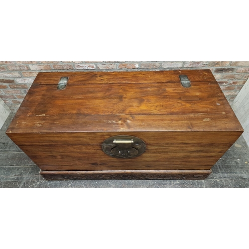 1282 - Large 20th century Chinese camphor wood chest on stand with hinged lid and carved detail to base, H ... 