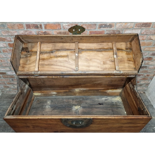 1282 - Large 20th century Chinese camphor wood chest on stand with hinged lid and carved detail to base, H ... 