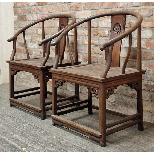 1283 - Pair of antique Chinese elm horseshoe chairs with carved detail, stamped 'Charlotte Horstmann, Hong ... 