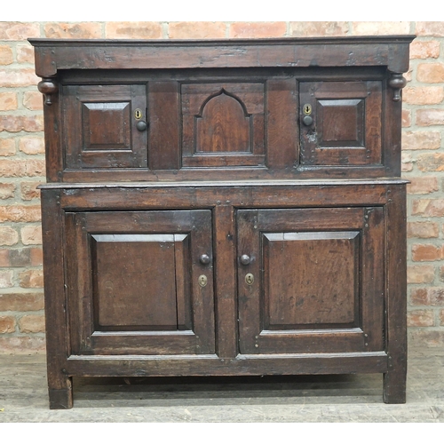 1284 - 18th century oak court cupboard fitted with four cupboard doors, H 123cm x W 125cm x D 50cm