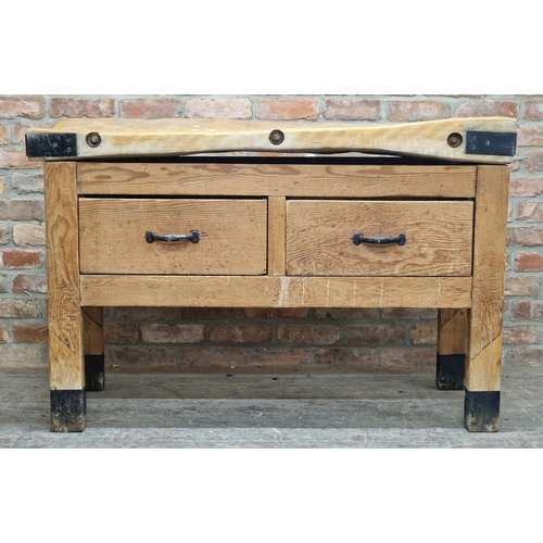 1285 - Vintage butchers block raised on an associated stand fitted with two drawers, H 92cm x W 139cm x D 6... 