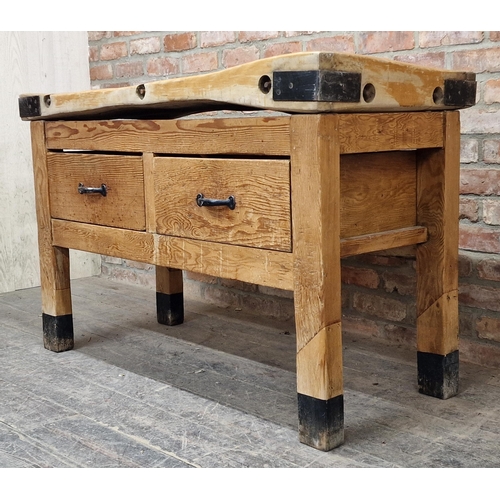 1285 - Vintage butchers block raised on an associated stand fitted with two drawers, H 92cm x W 139cm x D 6... 