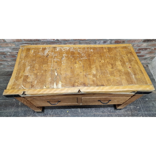 1285 - Vintage butchers block raised on an associated stand fitted with two drawers, H 92cm x W 139cm x D 6... 