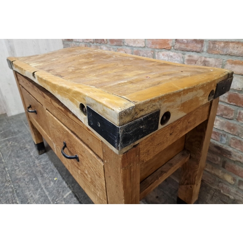 1285 - Vintage butchers block raised on an associated stand fitted with two drawers, H 92cm x W 139cm x D 6... 