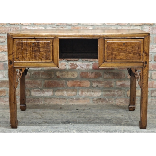 1286 - Antique Chinese elm desk with pierced carved detail and two drawers, H 78cm x W 111cm x D 58cm