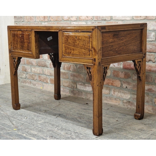 1286 - Antique Chinese elm desk with pierced carved detail and two drawers, H 78cm x W 111cm x D 58cm