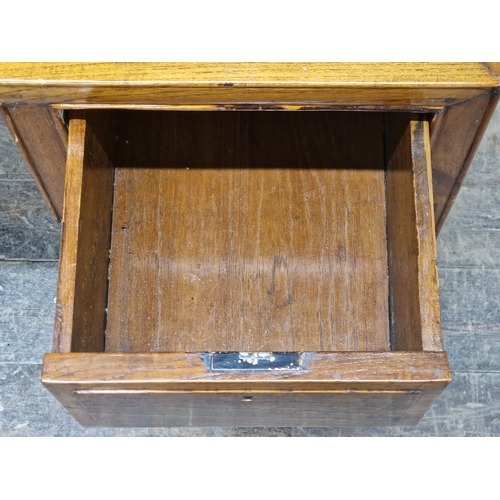 1286 - Antique Chinese elm desk with pierced carved detail and two drawers, H 78cm x W 111cm x D 58cm