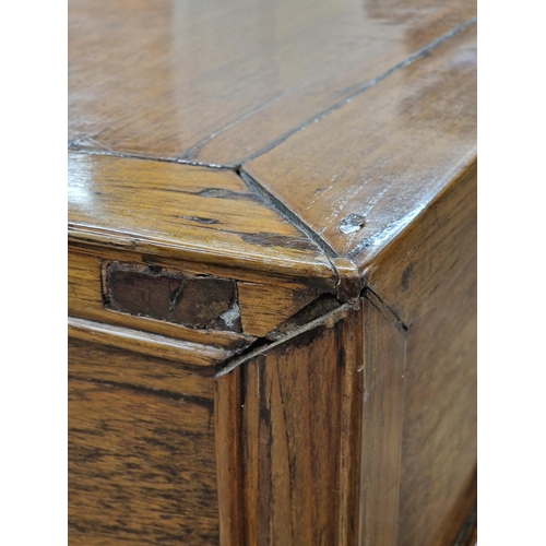 1286 - Antique Chinese elm desk with pierced carved detail and two drawers, H 78cm x W 111cm x D 58cm