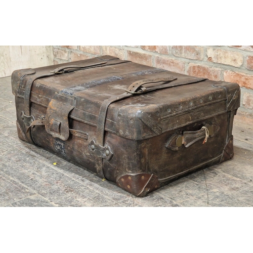 606 - Victorian leather travel trunk, H 31cm x W 84cm x D 56cm