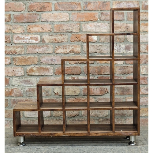 1290 - Contemporary hardwood stepped pigeon hole cabinet, H 98cm