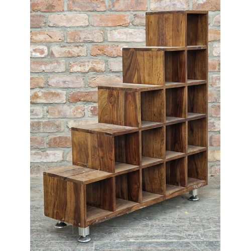 1290 - Contemporary hardwood stepped pigeon hole cabinet, H 98cm