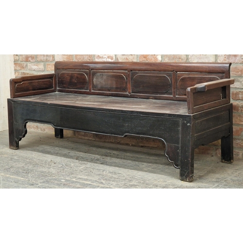 1293 - Antique Chinese hardwood four seat bench, H 72cm x W 181cm x D 58cm