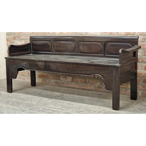 1294 - Antique Chinese hardwood four seat bench, H 81cm x W 186cm x D 55cm