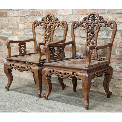 1297 - Pair of antique Chinese hardwood armchairs with pierced carved detail, H 90cm x W 56cm x D 48cm (2)