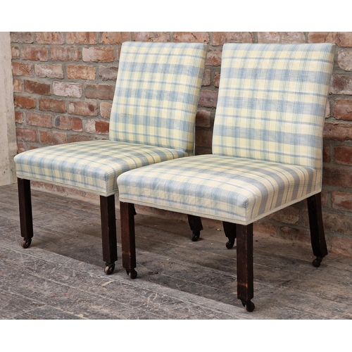 1298 - Pair of antique side chairs with later striped upholstery, raised on ceramic castors, H 82cm (2)