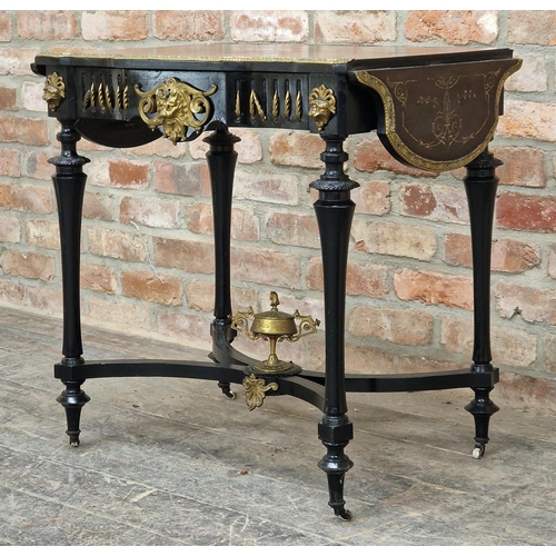 1299 - Good quality 19th century French ebonised drop leaf writing table with applied gilt metal mounts and... 